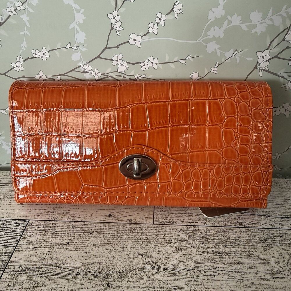 Mundi Ladies File Master Wallet Orange Faux Alligator Embossed Design NWT